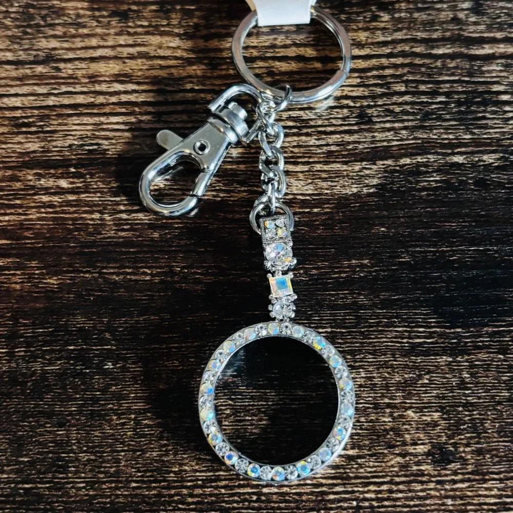 Silver Tone AB Rhinestone Circle Keychain Bag Charm Crystal Accent New